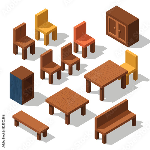 Isometric Wooden Furniture Set for Home Interior Design.