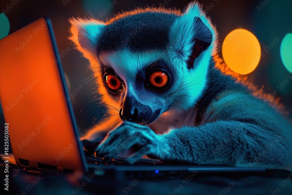 Obraz premium fluffy lemur resting on a laptop keyboard amid warm orange and cool teal bokeh lights, curious and cozy nighttime mood