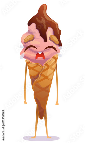 A cute, colorful ice cream cone is crying. Ice cream, cone, sweet, character, coffee, crying, roaring, emotion
