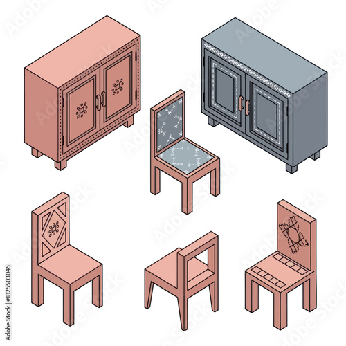 Isometric Furniture Set - Cabinets and Chairs in Various Styles.