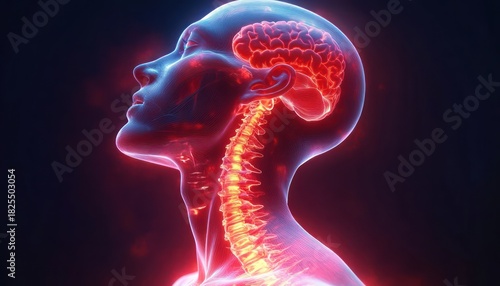 translucent side profile of a human head and neck with a glowing brain and illuminated spinal column conveying calm introspection