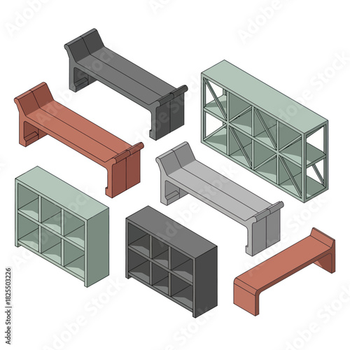 Isometric view of various benches and storage shelves.