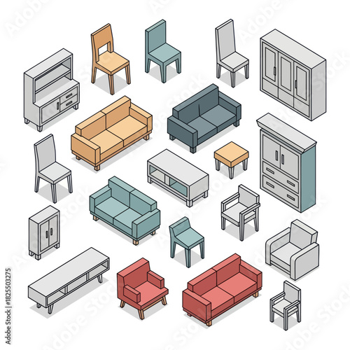 A diverse collection of isometric furniture illustrations for interior design.