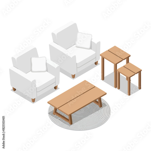 Isometric set of modern living room furniture with armchairs and tables.