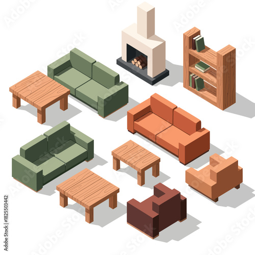 Isometric Living Room Furniture Set with Sofas Tables and Fireplace.