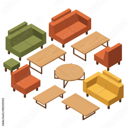 Isometric furniture set with sofas, chairs, and tables for interior design.