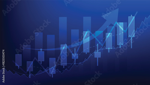 stock market trends and financial investment. candlesticks and  bar chart with arrow indicator on blue background 