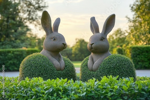 Two whimsical rabbit topiary sculptures peeking from rounded boxwood mounds in a manicured garden at sunset, serene playful atmosphere