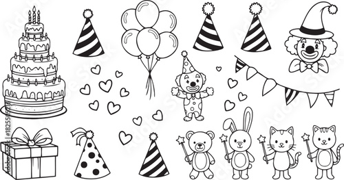 Hand Drawn Birthday Party Doodle Set. Vector illustrations of cake, balloons, clown, gifts, and cute animals in black and white outline style.