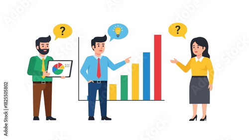Business team collaborates to analyze data on a bar chart, discussing ideas and addressing questions during a strategic meeting for problem-solving and growth