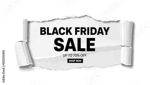 Black Friday Sale advertisement with torn paper effect and 70% off discount.