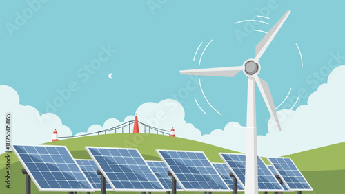 Clean energy concept illustration showcasing wind turbine and solar panels in a green landscape for a sustainable future