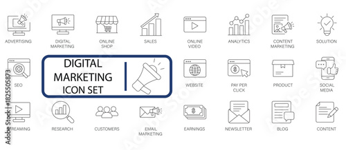 Digital Marketing line icon set. Covers SEO, Social Media, Analytics, Content Marketing, PPC, and Sales for modern business