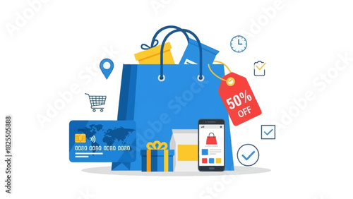Shopping Bag With Credit Card and Gift Box, Mobile Phone Displaying 50% Off Tag, Online Shopping Concept