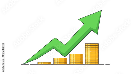Financial Growth Illustration Green Arrow Pointing Upwards with Gold Coins, Representing Success