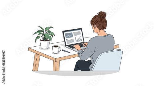Woman Working on Laptop at Desk Modern Home Office with Plant and Coffee - Productivity and Work