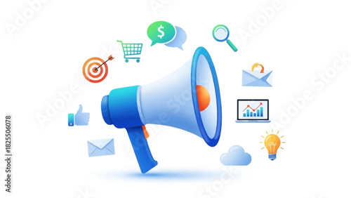 Digital marketing megaphone with icons representing online business strategy and advertising
