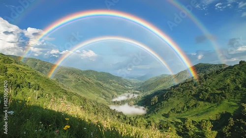 Double Rainbow Over Lush Green Valley After Rain.