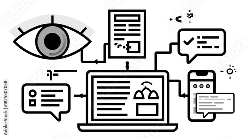 Digital User Experience (UX) and User Interface (UI) design process, web development, and data analytics on screens