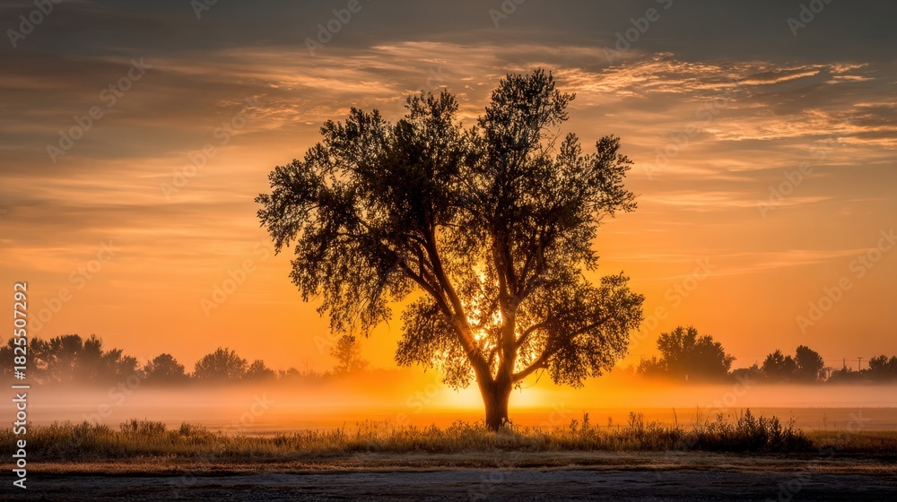 Naklejka premium Majestic Tree Silhouetted Against Vibrant Sunset Over Misty Landscape in Early Morning Light