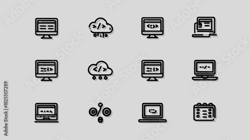 Vector Line Icons Set for Programming, Web Development, Cloud Computing, Software Engineering, and Digital Technology Concepts