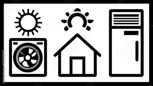 Home Climate Control System Icons: Heating, Cooling, Air Conditioning, Sun, Radiator, House, Appliance, Temperature.