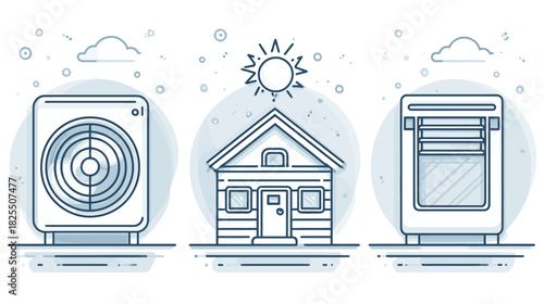Line Art Vector Icons: Home HVAC System components, air conditioner, house with sun, and heating unit for climate control, comfort, and energy efficiency.