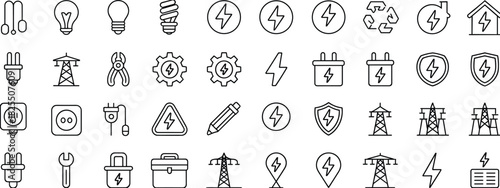 Energy icons set featuring electricity symbols, power supply elements, renewable energy signs, battery technology, industrial utilities, minimal line style, vector illustration