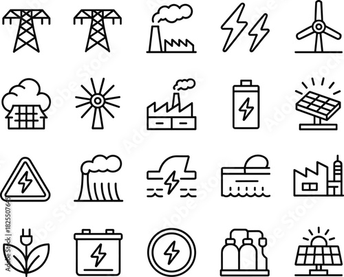 Energy production icons set with electricity, power plants, renewable energy symbols, industrial facilities, solar panels, wind turbines, battery power, line art design