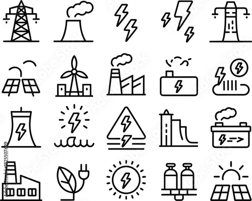 Energy production icons set with electricity, power plants, renewable energy symbols, industrial facilities, solar panels, wind turbines, battery power, line art design