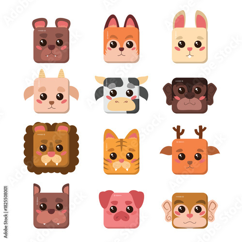 Funny Square Animal Face Cartoon Collection