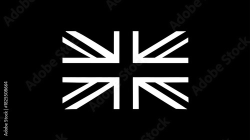 Stylized monochrome British national flag design, white geometric crosses on a black background, patriotic symbol.