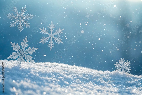Wallpaper Mural Sparkling Snowflakes on Fresh Snow with a Dreamy Blue Bokeh Background, Evoking a Serene Winter Wonderland Atmosphere Torontodigital.ca