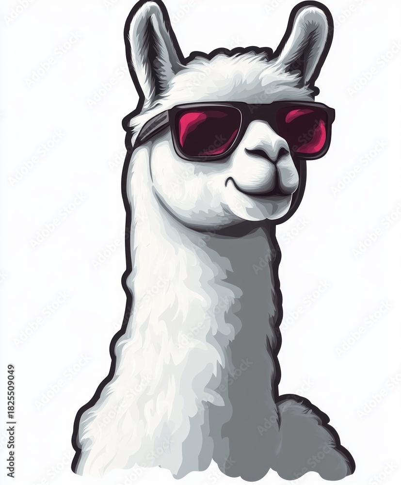 Naklejka premium confident white llama wearing dark framed sunglasses with pink lenses smiling playfully against a white background