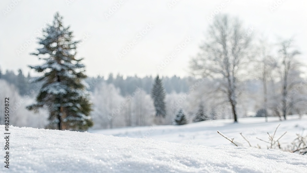 Fototapeta premium Beautiful snowy landscape with pine trees and soft white snow in the foreground