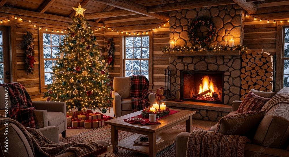 Fototapeta premium Cozy christmas cabin interior with a decorated tree fireplace and snow outside the windows creating a warm and inviting holiday atmosphere for family