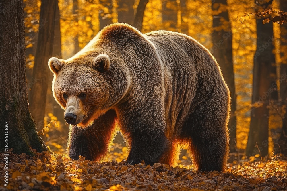 Fototapeta premium majestic brown bear walking through a sunlit autumn forest with fallen leaves and tall trees, warm golden backlight conveying calm strength and quiet presence