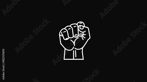 Stylized white outline of a clenched fist on a black background, symbolizing strength, power, protest, unity, and determination.