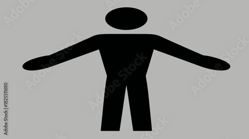Abstract black human silhouette icon with arms outstretched on a neutral grey background, representing a person, individual, or concept.