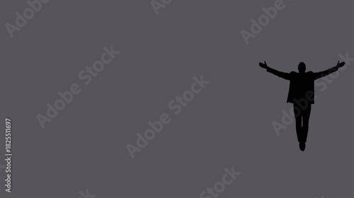 Human silhouette with arms wide open, flying or jumping against a minimalist gray background, representing freedom, success, and happiness.
