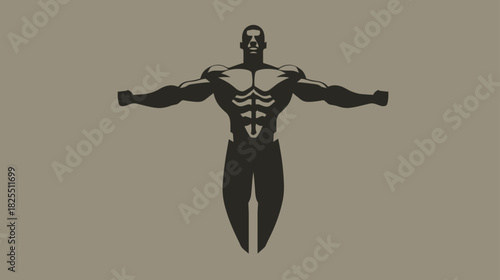 Strong Muscular Man Vector Illustration. Bodybuilder Posing with Outstretched Arms. Fitness, Power, and Strength Concept Graphic.