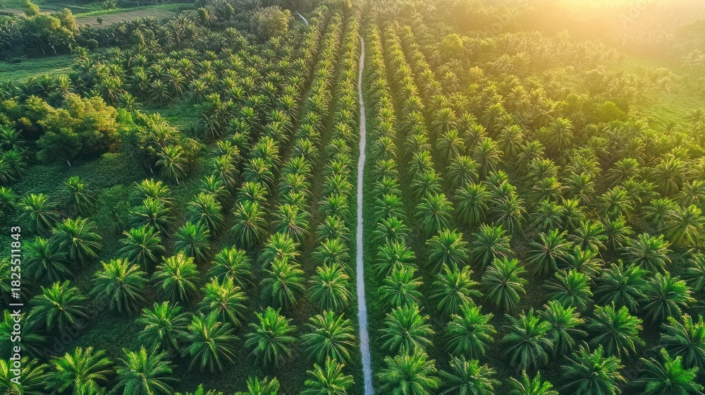 Fototapeta premium aerial view of symmetrical palm tree plantation with central dirt road bathed in warm golden sunlight, tranquil orderly tropical landscape