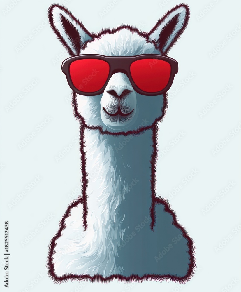 Naklejka premium playful fluffy white llama portrait wearing red sunglasses with a cool confident smile