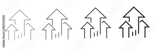 A set of four upward pointing arrow icons representing growth progress and success isolated on a white background showcasing different stroke weights for versatile design applications