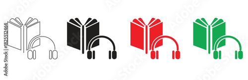 Set of audiobook icons featuring an open book with headphones in outline black red and green isolated on a white background representing digital learning and audio entertainment