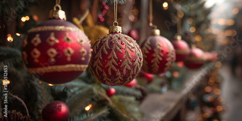 Red Christmas balls hanging on a decorated holiday tree
