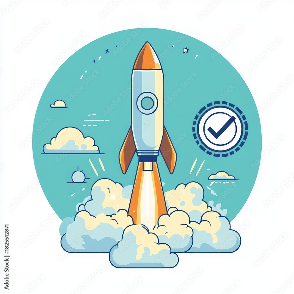 Fototapeta premium cartoon rocket lifting off through puffy clouds with a checkmark seal against a teal circular sky, evoking triumphant optimistic achievement and energetic takeoff