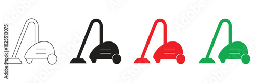 A set of simple flat vector icons depicting a modern vacuum cleaner in outline black solid black red and green isolated on a white background for cleaning and household services.