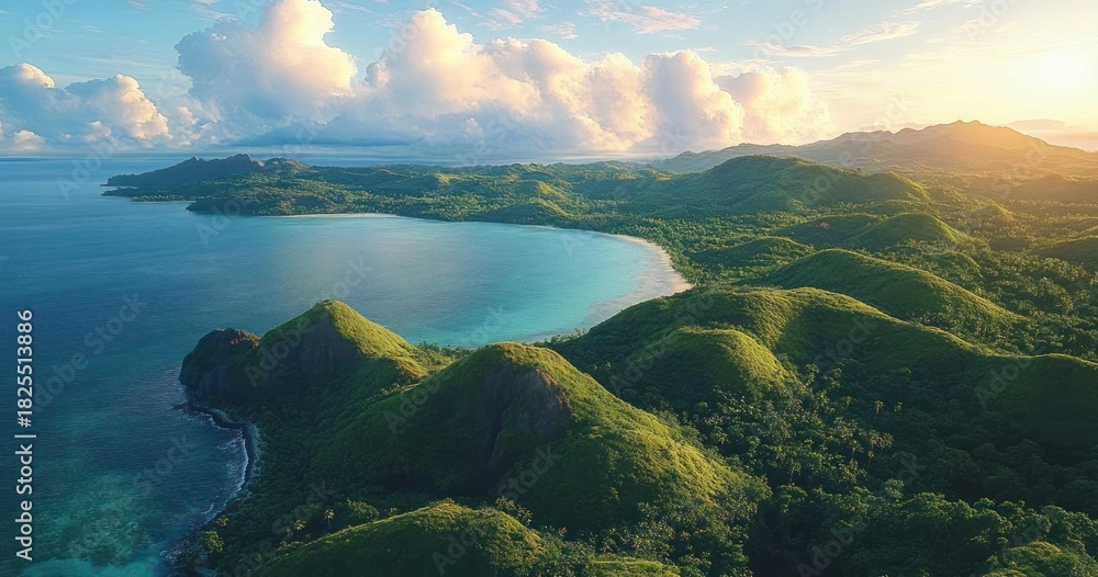 Fototapeta premium Aerial view of rolling green hills and turquoise bay with sandy beach under a dramatic cloud-filled golden sky, evoking tranquil awe