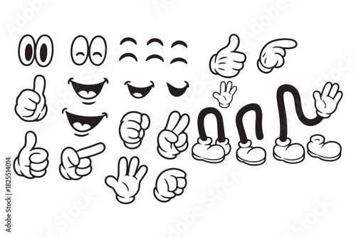 Set of vintage mascot elements. Line icons of arms, legs and facial expressions to create character in 30s style. Retro body parts. Cartoon outline vector collection isolated on white background 